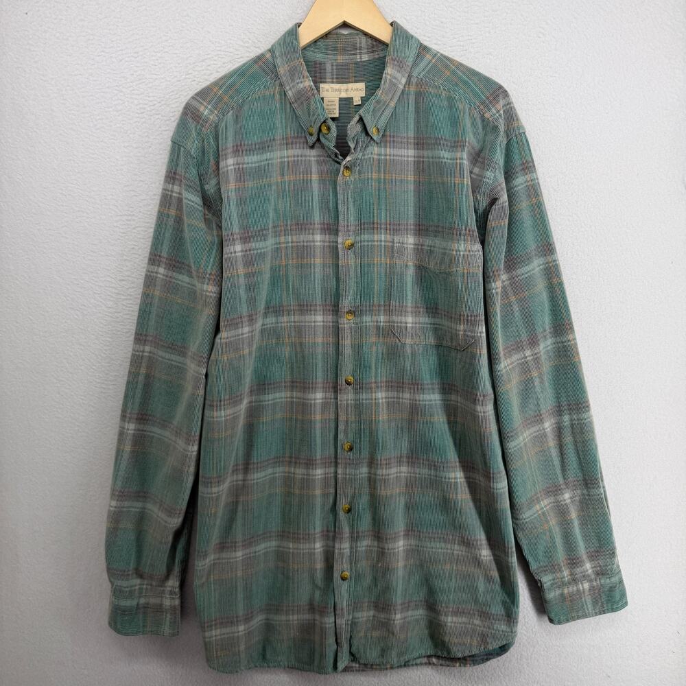 THE TERRITORY AHEAD Shirt Mens XLT Tall Corduroy Fine Wale Plaid Cotton Green